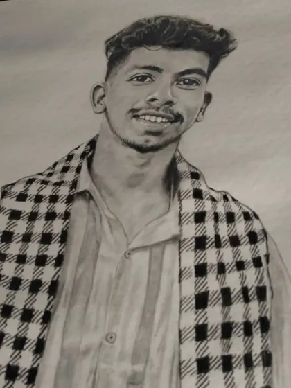 This paid portrait of a man with a checkered scarf was a commission from Chhattisgarh. I ship my artwork all over India.