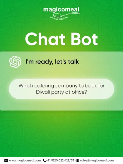 Planning an office Diwali party? This chatbot graphic begins a series explaining why I am the best choice, promising a blend of taste, health, and variety.