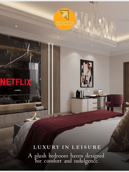 Unwind in style where plush comfort meets elevated aesthetics. This bedroom is designed as a personal retreat for Netflix nights and luxurious mornings, featuring a black marble media wall and rich textures.
