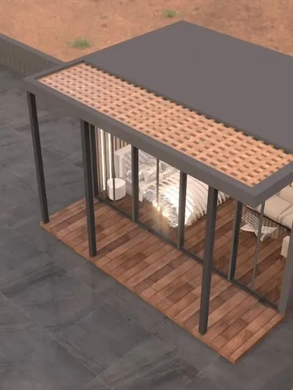 Another aerial perspective of the glass house render, showing the attached modern bathroom block.