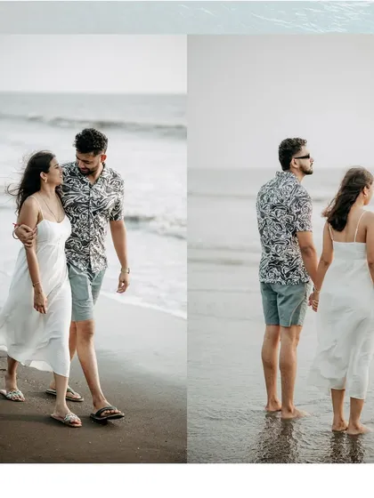 A diptych showing two beautiful moments from a beach walk: a loving glance and a shared look towards the horizon.
