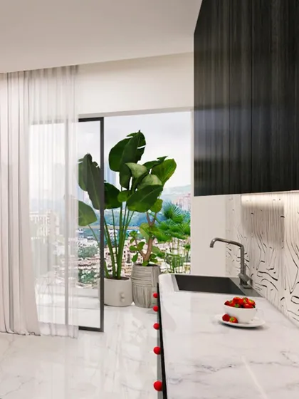 The kitchen in "Whimsy Wonder" is a bold graphic statement, with black cabinets, a white marble countertop, and a striking pop-art mural.