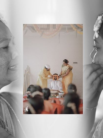 An artistic black and white collage focusing on the emotional and traditional aspects of a Haldi ceremony.