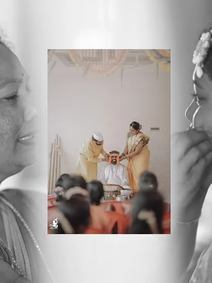 An artistic black and white collage focusing on the emotional and traditional aspects of a Haldi ceremony.