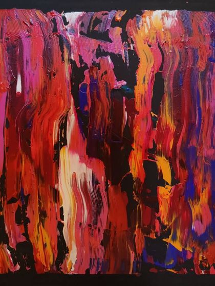 An abstract painting from the 'Reclaiming Red' series, full of texture and vibrant energy.