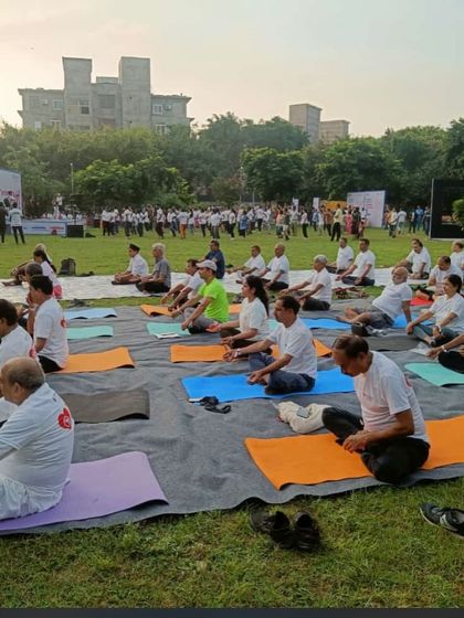 A wide view of the outdoor yoga event I led for Venkateshwar Hospital. I can guide large groups through practices that are accessible and beneficial for everyone, regardless of their experience level.