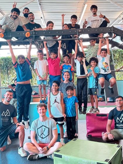 International coaches Chris and Flavio with our kids' class. Sharing knowledge and raising the standards of parkour coaching in India.