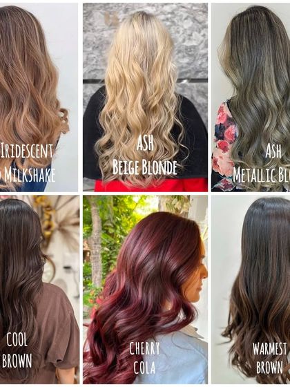 This collage displays the wide variety of hair colors we offer. It features shades like Ash Iridescent, Ash Beige Blonde, Cool Brown, and Cherry Cola, showing our versatility with both natural and bold looks.