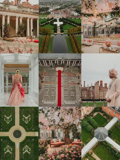 A mood board-style collage of the Hampton Court wedding, showing aerial views, decor details, and candid moments. It provides a comprehensive visual summary of the event.