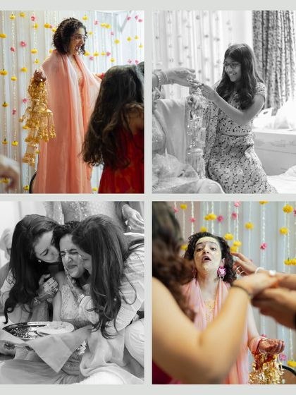 More candid moments from a Haldi, showing the rituals and the playful interactions. This collage highlights the involvement of family and the mix of solemn and fun moments.