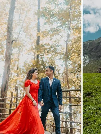 A split image showing the couple walking through a forest and another view of the green mountains, highlighting the variety of natural settings we shoot in.