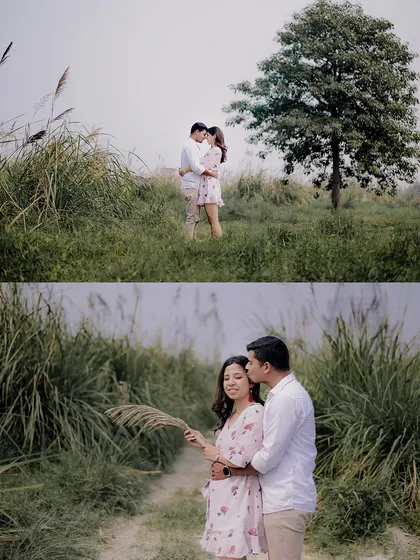A romantic pre-wedding portrait in a field of tall grass by the river. The bottom frame shows a close-up of the groom's affectionate kiss, capturing a sweet, intimate moment.
