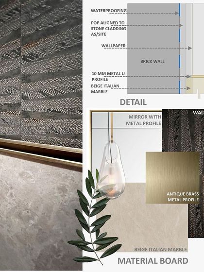 This material board and detail drawing for a powder room show the fusion of textured wallpaper, beige Italian marble, and antique brass profiles. It is through this meticulous craftsmanship and material selection that I create spaces of true luxury.