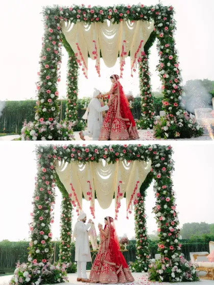 A collage of the Varmala exchange, capturing the sequence of the ritual and the couple's happy expressions.