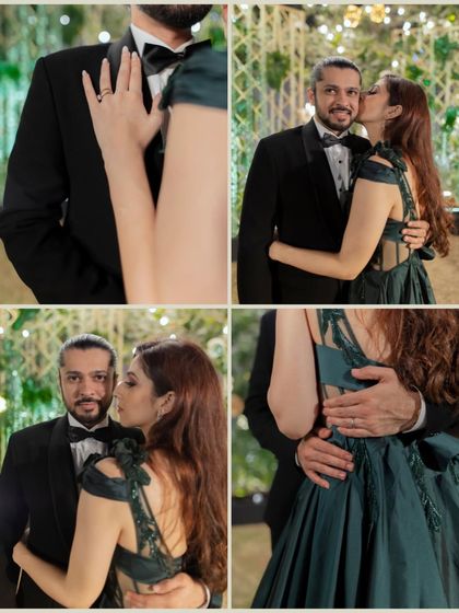 A collage of romantic moments from a reception party. The couple is seen sharing kisses and embraces, looking elegant in their formal attire.