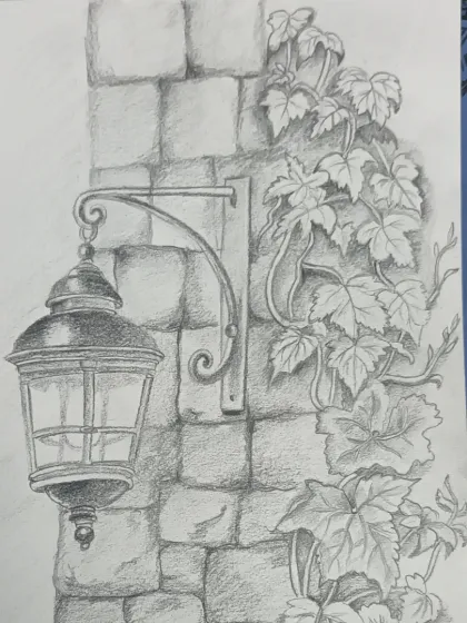 A detailed pencil sketch of a vintage lantern on a stone wall. This is a great study in drawing different textures, from smooth metal to rough stone and delicate leaves.