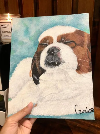 As a pet lover, painting your furry friends is a joy. I focus on capturing the unique expression and personality of each pet, like the sleepy, content face of this adorable dog, creating a portrait you'll treasure forever.