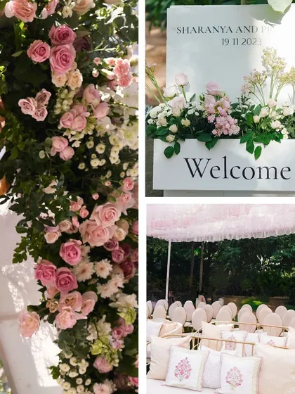 Details that matter: a close-up of the pink rose arrangements and the elegant welcome sign.