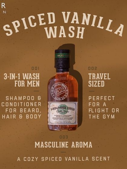 The 18.21 Man Made Spiced Vanilla wash is a client favorite. This 3-in-1 product for hair, beard, and body offers a rich, masculine aroma and is perfect for use at home or on the go.