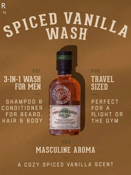 The 18.21 Man Made Spiced Vanilla wash is a client favorite. This 3-in-1 product for hair, beard, and body offers a rich, masculine aroma and is perfect for use at home or on the go.