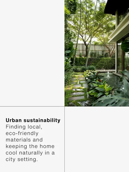 A graphic explaining the challenge of "Urban Sustainability" for the Origami House, focusing on sourcing local materials and natural cooling. It shows how problem-solving is central to the design process.