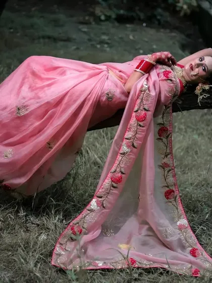 Another angle of the artistic pose, showcasing the full length and embroidery of the saree.
