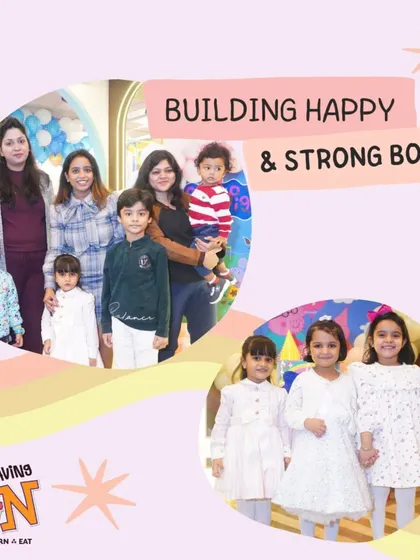Building happy and strong bonds. This image captures the joy of friendship and family at Aarya's 4th birthday bash, a perfect example of the warm environment we foster.