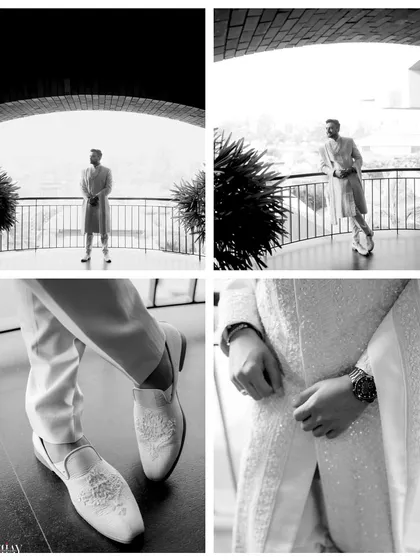 A black and white collage focusing on the groom's style. It includes portraits on the balcony and close-up details of his embroidered shoes and textured sherwani, creating a complete lookbook.