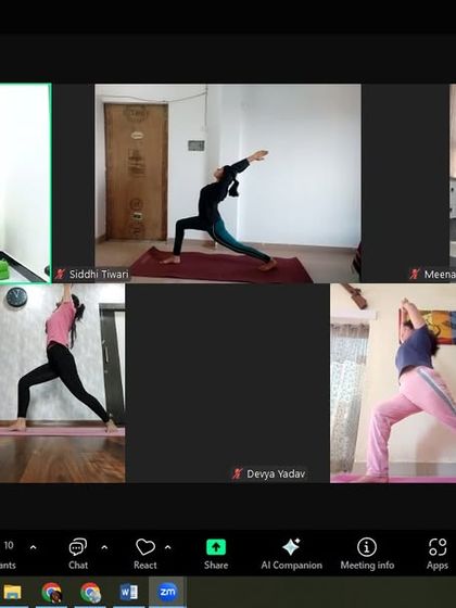 Participants practicing Virabhadrasana I (Warrior I Pose) during our online yoga workshop for women's health. This pose builds strength in the legs and core while opening the hips and chest.