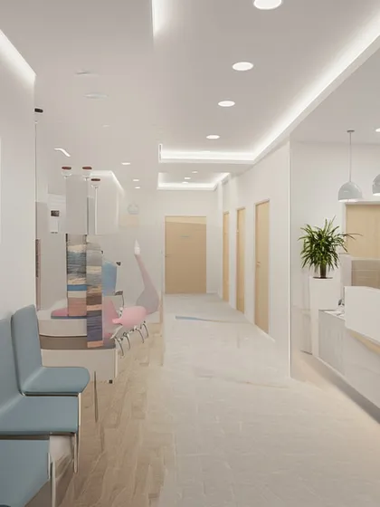 A long and bright clinic corridor and waiting area. The design uses light colors and multiple light sources to make the space feel open and welcoming.
