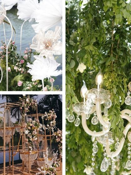A collage of decor details: whimsical organza flowers, a crystal chandelier installation, and hanging greenery.