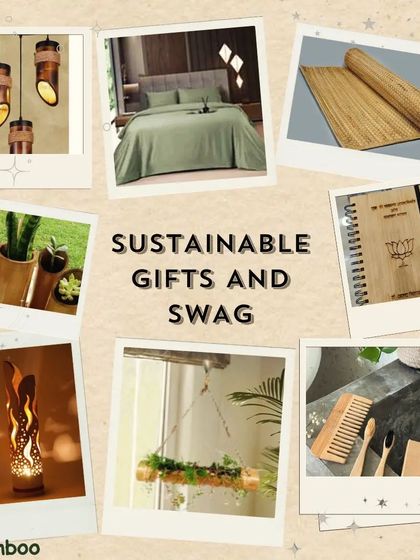 A collage titled "Sustainable Gifts and Swag," showcasing a variety of our products. It includes bamboo lights, bedding, planters, and personal care items, illustrating the wide range of eco-friendly gifting options we offer.
