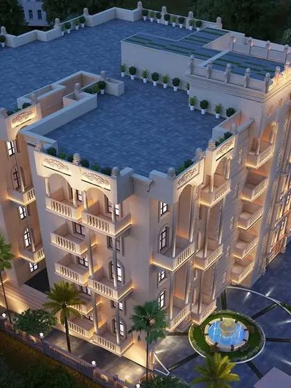 A glimpse of our Sikaria project in Guwahati, currently under construction. The facade design incorporates classical arches and details, and this rendering shows how carefully planned facade lighting will give the building a majestic glow at night.