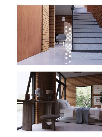 Interior concepts for the "Vault House," showcasing a staircase and bedroom. The design uses exposed brick and clean lines to create a contemporary urban home on a challenging, compact site.