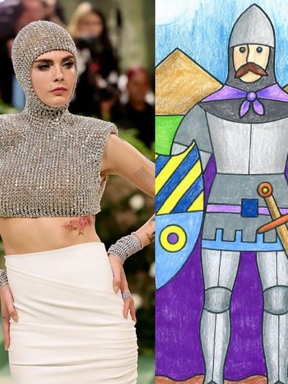 Our lessons are always on trend. This comparison shows how a look from the Met Gala mirrors the knight armor from one of our historical fashion lessons.