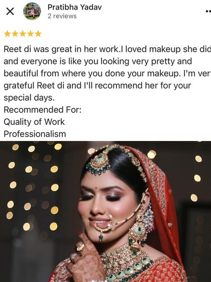 "Reet di was great in her work." Pratibha's sweet review and her beautiful photo are a reminder of why I love what I do. Making my brides feel pretty and confident is my greatest reward.
