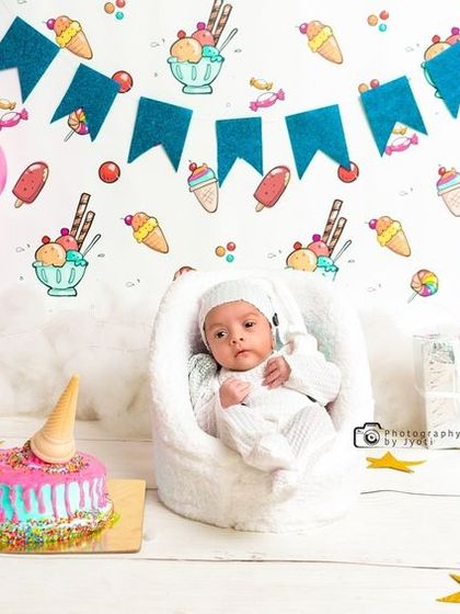 A panoramic shot of the entire ice cream-themed setup, perfect for showcasing the level of detail that goes into each of my styled newborn photoshoots.