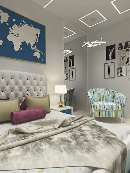 A travel-themed bedroom concept, featuring a large world map as wall art and a tufted headboard. This 3D visualization brings a client's personal interests into their home's design.