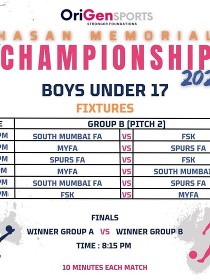 The detailed fixture list for Group B of the Boys U17 category at the Hasan Memorial Championship.