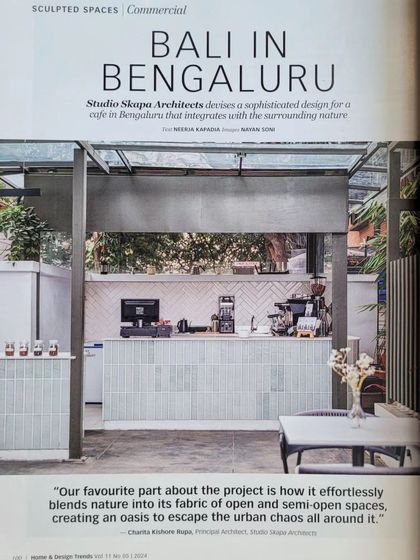 A magazine feature on Kana Cafe, titled "Bali in Bengaluru." The article highlights how the design effortlessly blends nature into its fabric, creating an escape from urban chaos.