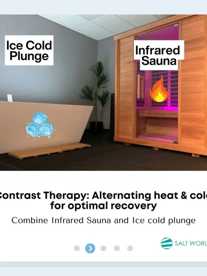 This image shows the two core components of our contrast therapy side by side: the ice-cold plunge and the infrared sauna. This combination is designed for optimal recovery, alternating between intense heat and cold.