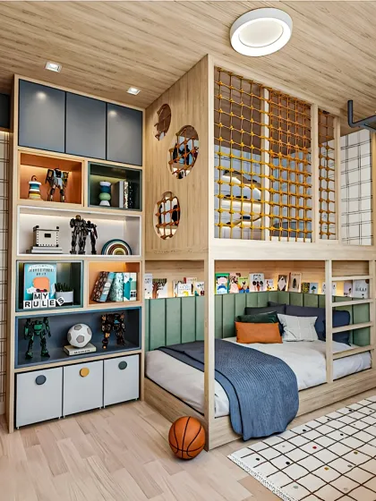 This is another example of our space-saving solutions for kids' rooms, featuring a sturdy bunk bed with an integrated bookshelf and multi-colored storage cubbies. The design uses a mix of wood and soft green tones to create a calming yet playful atmosphere.