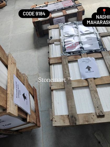 These wooden crates contain a large Buddha fountain, securely packed and ready for dispatch to a client in Nashik, Maharashtra.