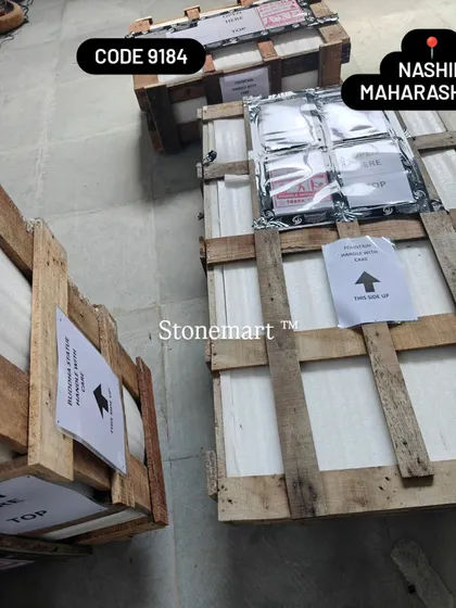 These wooden crates contain a large Buddha fountain, securely packed and ready for dispatch to a client in Nashik, Maharashtra.
