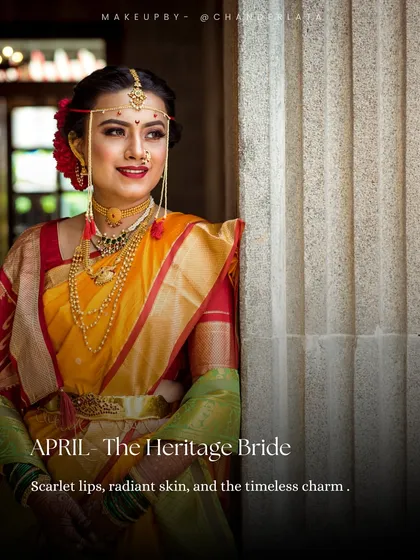 The Heritage Bride look, inspired by timeless Marathi traditions. This features scarlet lips, radiant skin, and classic jewellery like the nath and mundavalya.