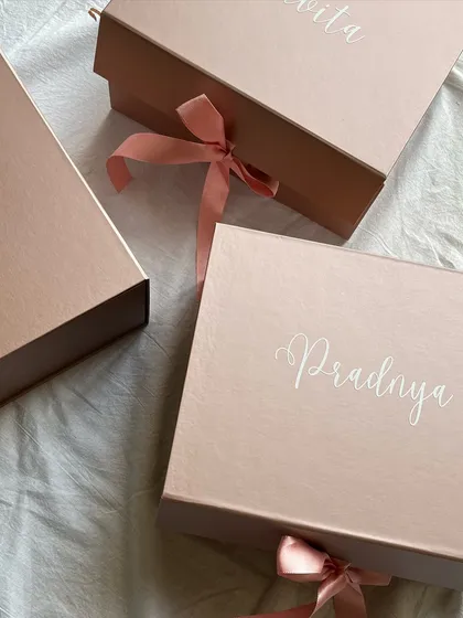 A trio of my personalized rose gold bridesmaid boxes, ready to be gifted to the bride's special friends.