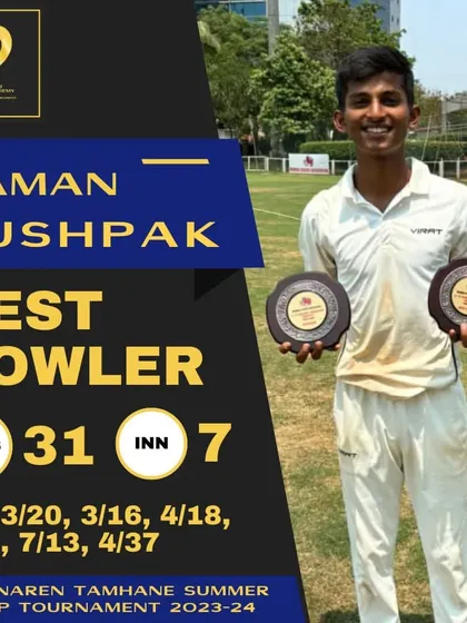 Naman Pushpak was named Best Bowler in the U19 Naren Tamhane Summer Camp, taking 31 wickets in 7 innings.