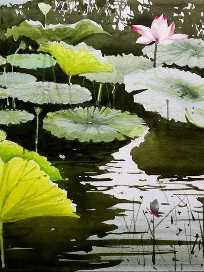 A serene watercolor painting of water lilies by featured artist Raghunath Sahoo. This piece is a masterclass in capturing light and reflection on water.