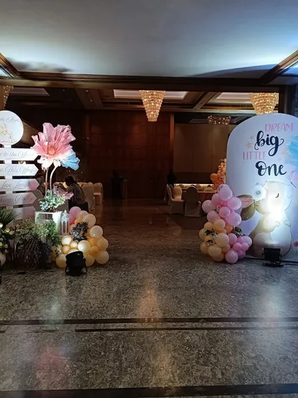 The full entrance setup for a bunny-themed party, featuring two distinct photo areas with charming "Dream Big Little One" signage.