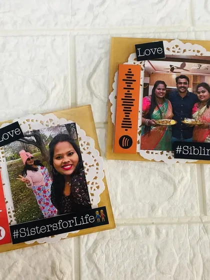 These mini acrylic frames are perfect for celebrating siblings on Rakshabandhan, each with a photo and a scannable Spotify song code.
